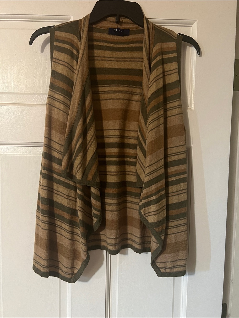 Chaps Olive and Tan Striped Open-Front Draped Vest